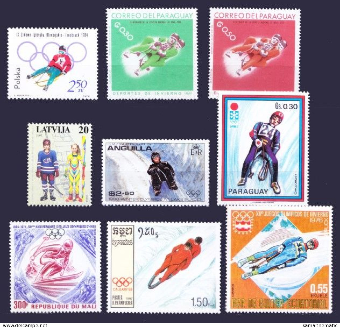 All Different 9 MNH Stamps, Winter Sports Speedskating Skiing, Lot - Skateboard