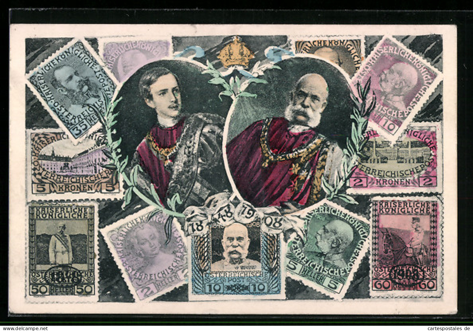Künstler-AK Kaiser Franz Josef I. Im Jungen Und Fortgeschrittenen Alter, Briefmarken Des Österr. Kaisers  - Royal Families