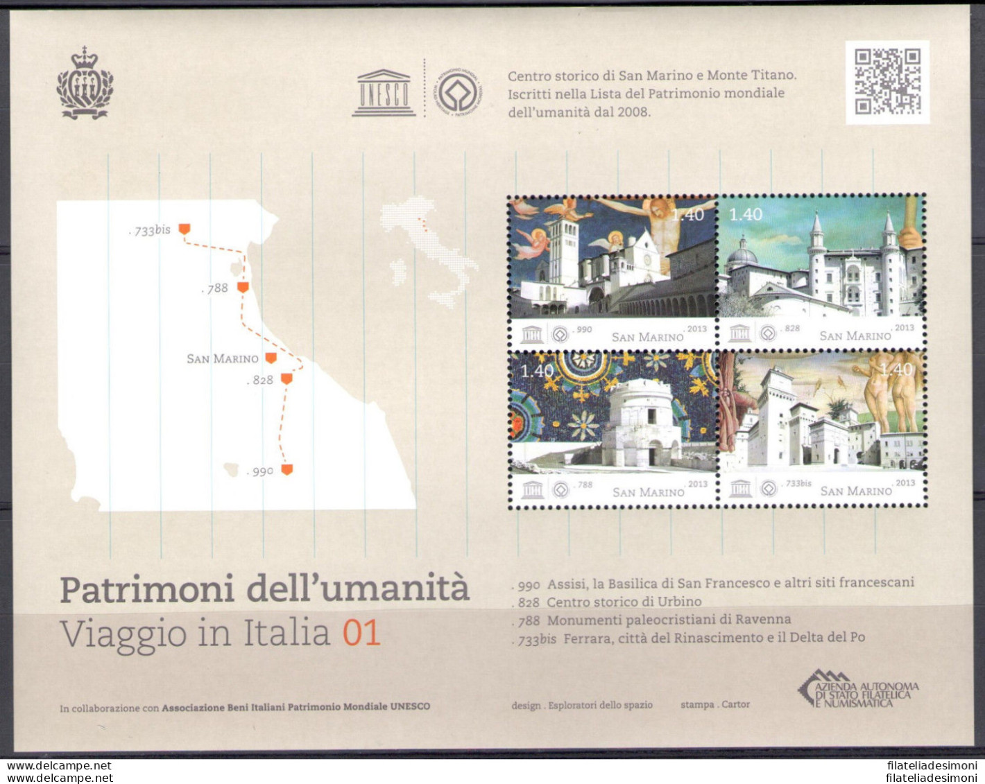 2013 San Marino Foglietto Patrimoni Dell'Umanità BF N° 131 MNH** - Blokken & Velletjes