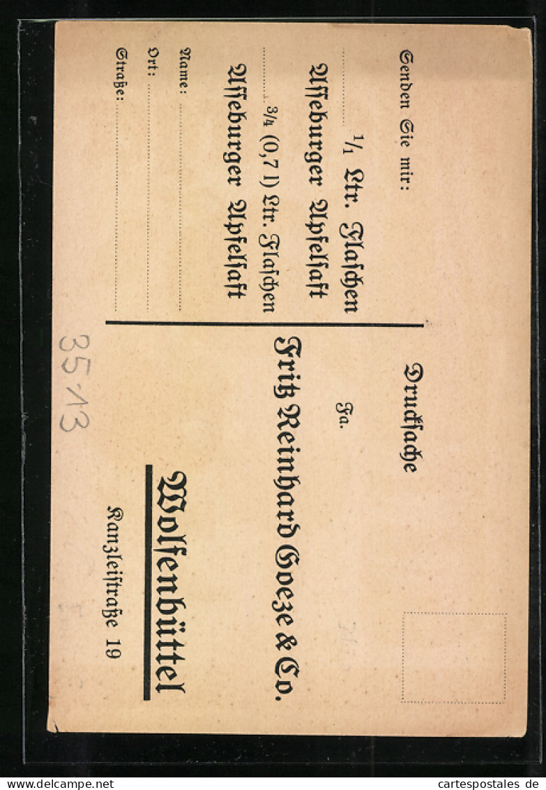 AK Wolfenbüttel, Süssmosterei Fritz Reinhard Goeze & Co., Kanzleistrasse 19, Asseburger Apfelsaft  - Werbepostkarten