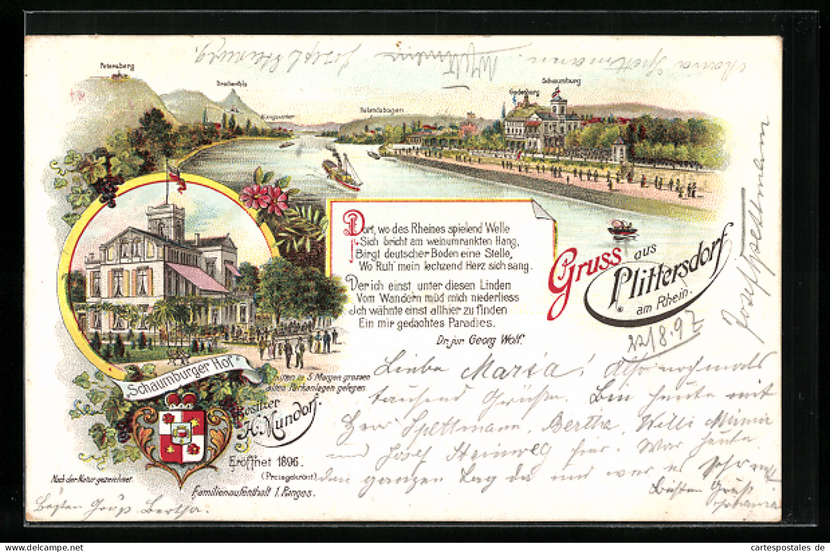 Lithographie Plittersdorf /Rh., Rheinpartie Mit Drachenfels Und Godesberg, Hotel Schaumburger Hof, Wappen  - Drachenfels