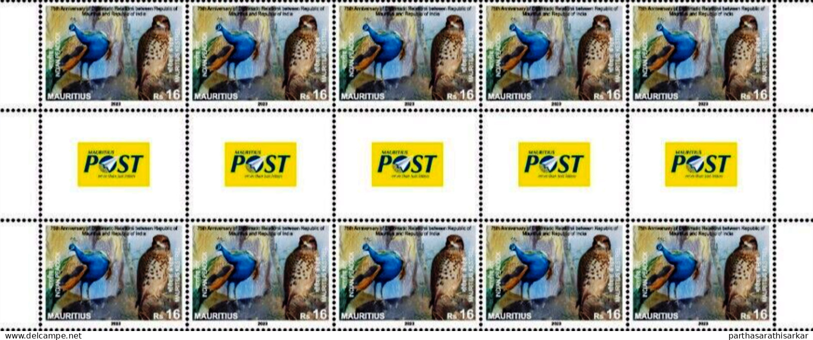 MAURITIUS 2023 JOINT ISSUE 75TH ANNIV OF DIPLOMATIC RELATIONS BETWEEN INDIA MAURITIUS BIRDS GUTTER PAIR OF 10 STAMPS MNH - Emissions Communes