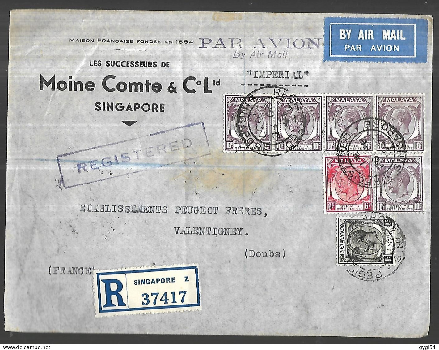 Singapour Lettre Recommandée Dur 1937  Pour  Les Usines PEUGEOT  à Valentigney Dans Le Doubs - Singapour