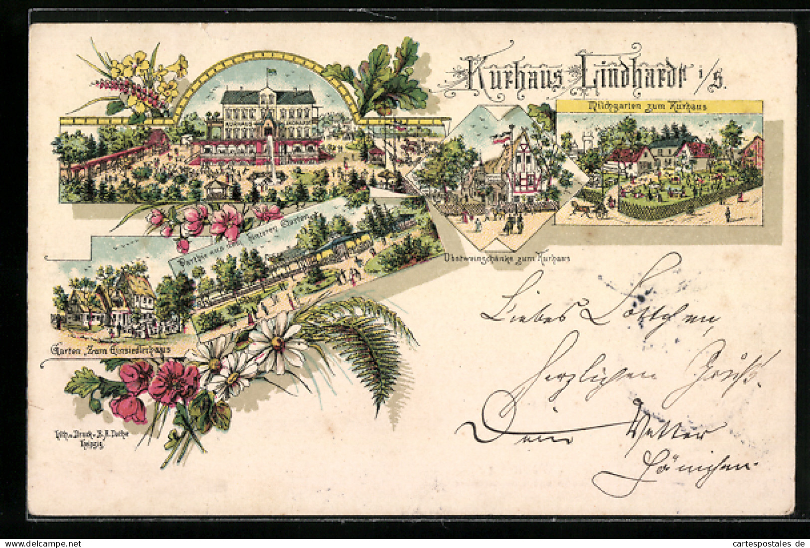 Lithographie Naunhof, Hotel Kurhaus Lindhardt, Obstweinschänke, Milchgarten  - Naunhof