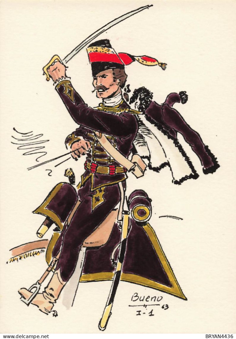 UNIFORME - ESPAGNE - REGIMENT De HUSSARDS -1742 - ILLUSTRATEUR; BUENO - CARTE ( 9 X 12,8 Cm) - Uniforms