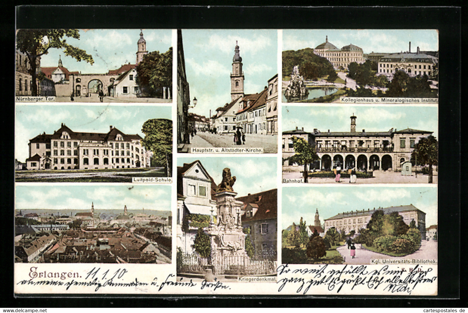 AK Erlangen, Nürnberger Tor, Luitpold-Schule, Kriegerdenkmal, Bahnhof, Kgl. Universitäts-Bibliothek  - Nuernberg