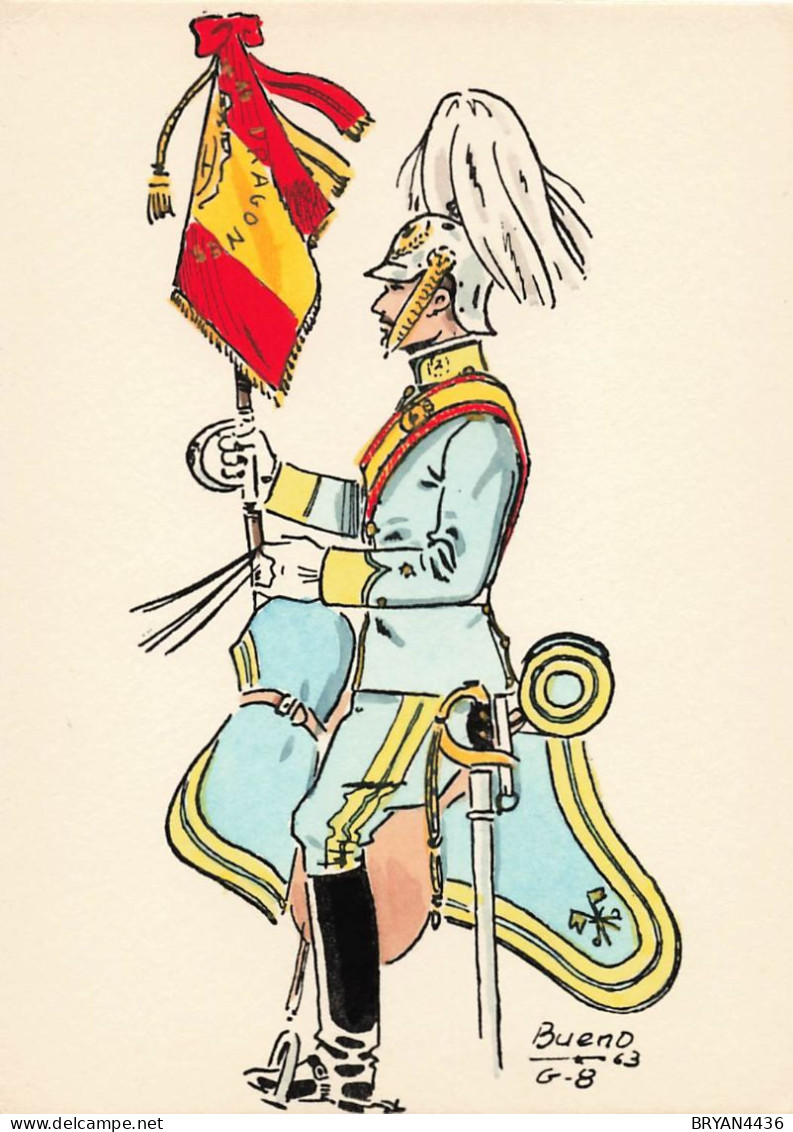 UNIFORME - ESPAGNE - REGIMENT DRAGON  - PORTE ETENDARD -1908 - ILLUSTRATEUR; BUENO - CARTE ( 9 X 12,8 Cm) - Uniforms