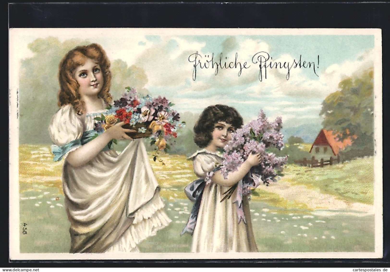 AK Zwei Mädchen Mit Blumen In Den Händen, Fröhliche Pfingsten  - Pentecôte
