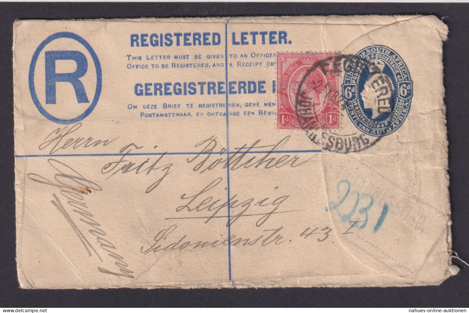 Johannisburg Südafrika Ganzsache Plus ZuF Registered Letter Leipzig - Cartas & Documentos