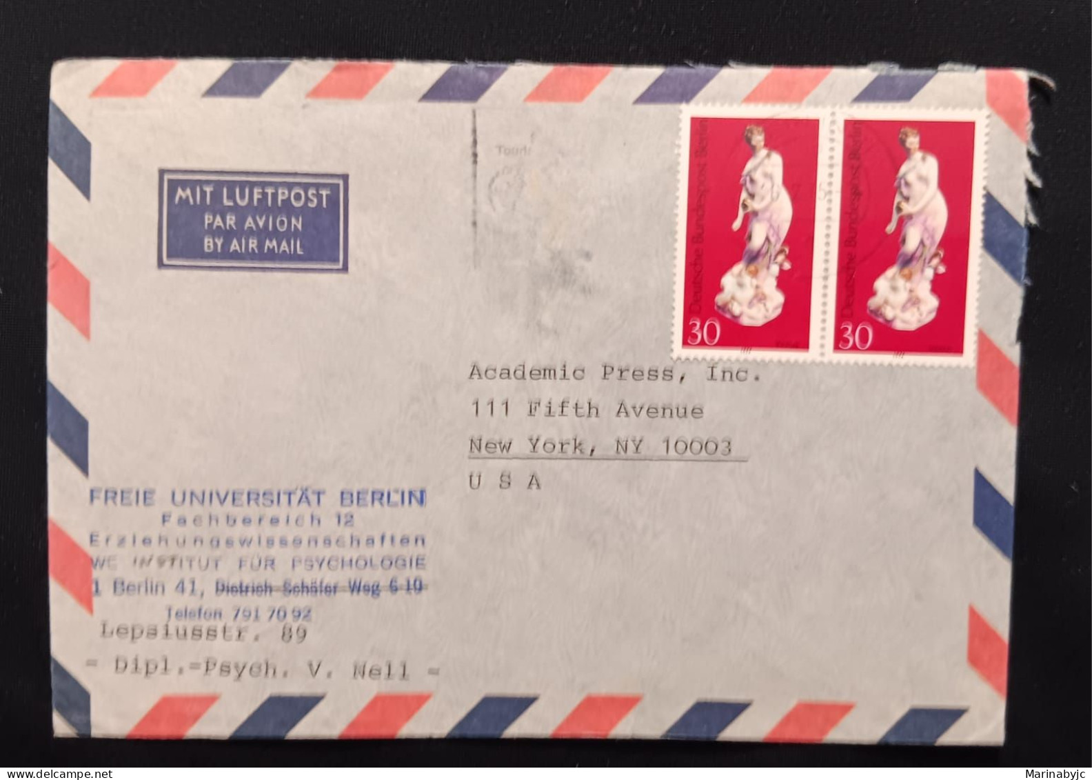 DM)1975, BERLIN, LETTER CIRCULATED TO U.S.A, AIR MAIL, WITH CERAMIC STAMP, VENUS, XF - Otros - Europa