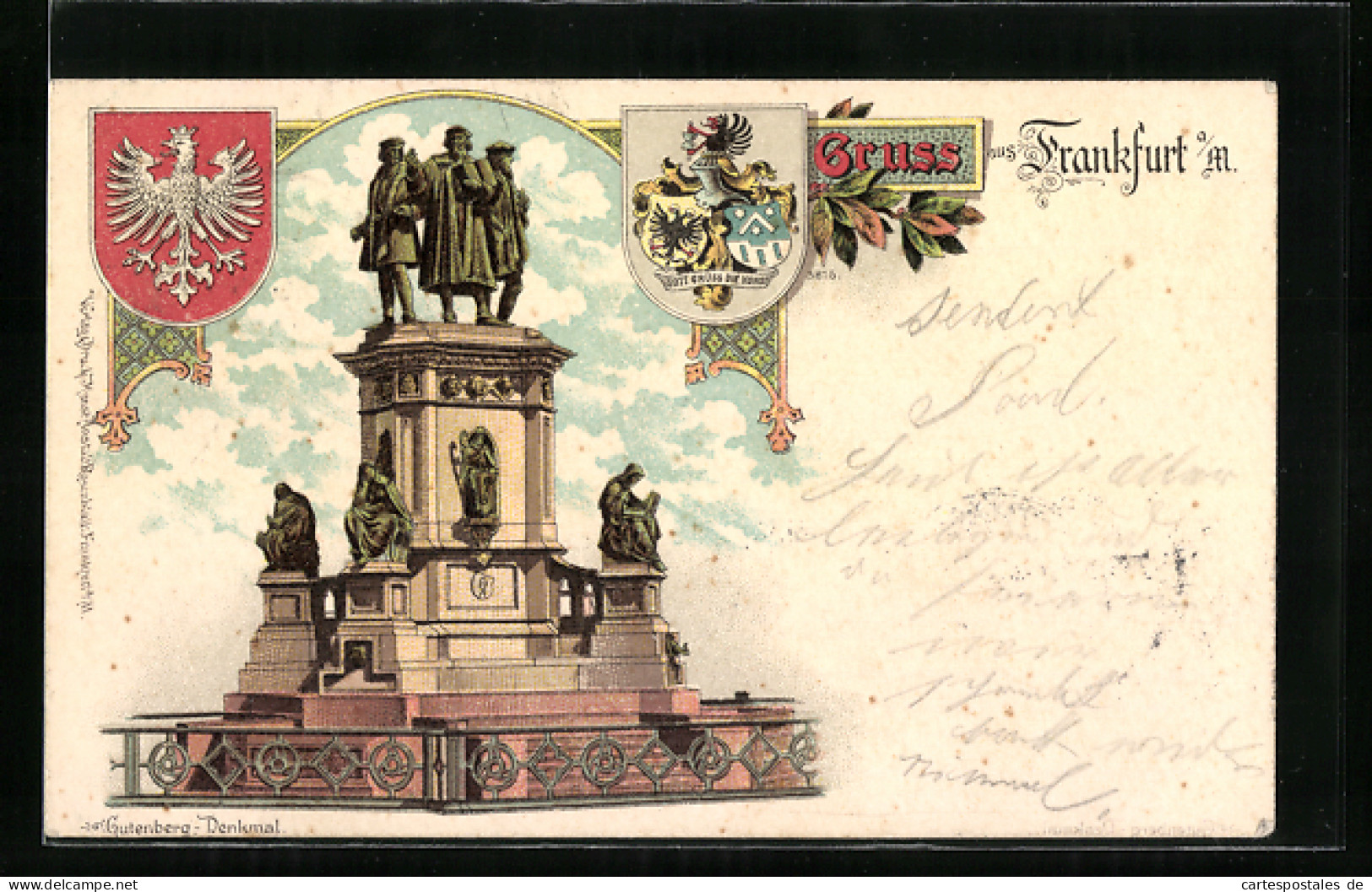 Lithographie Frankfurt A / M., Gutenberg-Denkmal Und Wappen  - Frankfurt A. Main