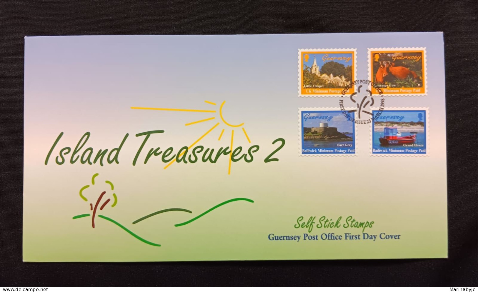 DM)1998, GUERNSEY, FIRST DAY COVER, ISSUE, TREASURE OF THE ISLAND 2, TOURISM, STICKERS, ENCRYPTIONS, LITTLE CHAPEL, COW, - Guernesey