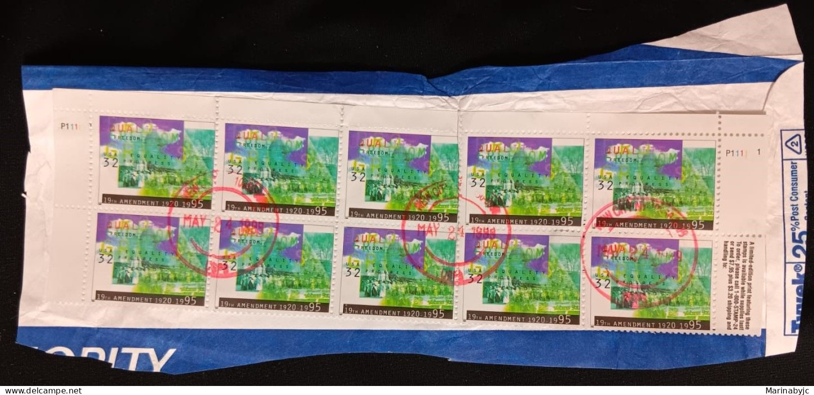 DM)1999, U.S.A, FRAGMENT OF LETTER WITH 10 STAMPS 75TH ANNIVERSARY OF THE 19TH AMENDMENT OF THE CONSTITUTION THAT ALLOWS - Otros & Sin Clasificación