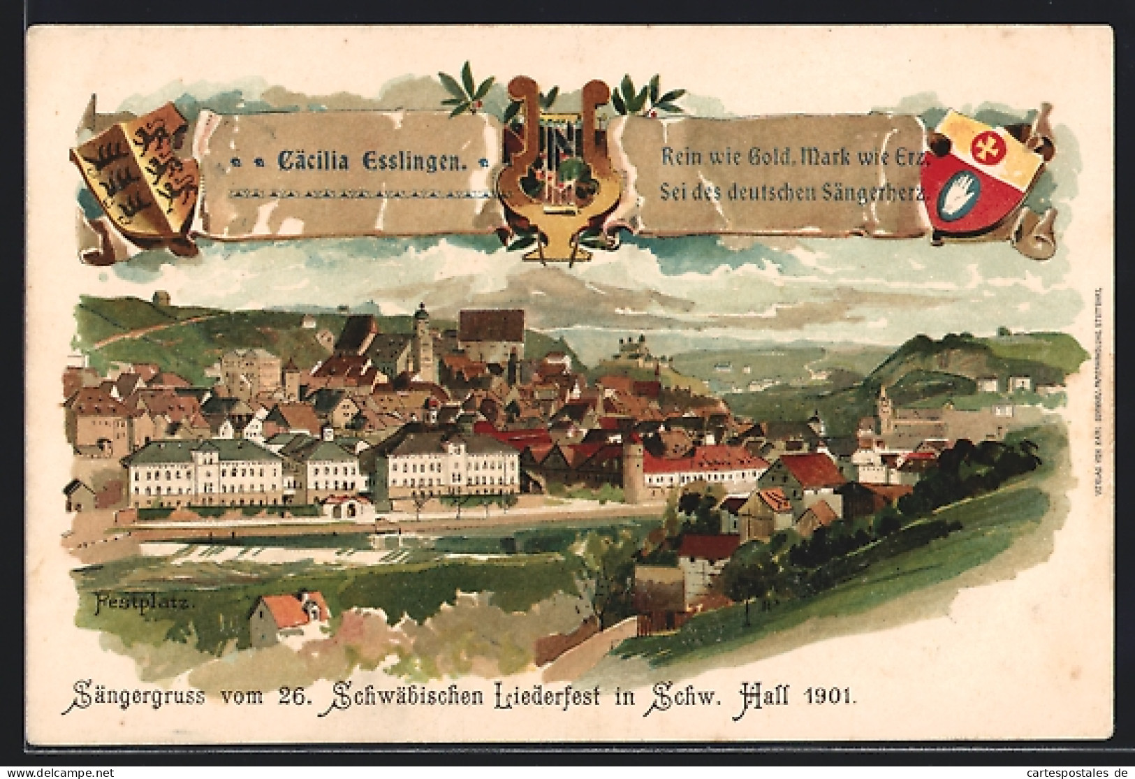 Lithographie Schw. Hall, Schwäbisches Liederfest 1901, Ortsansicht, Wappen, Cäcilia Esslingen  - Schwaebisch Hall