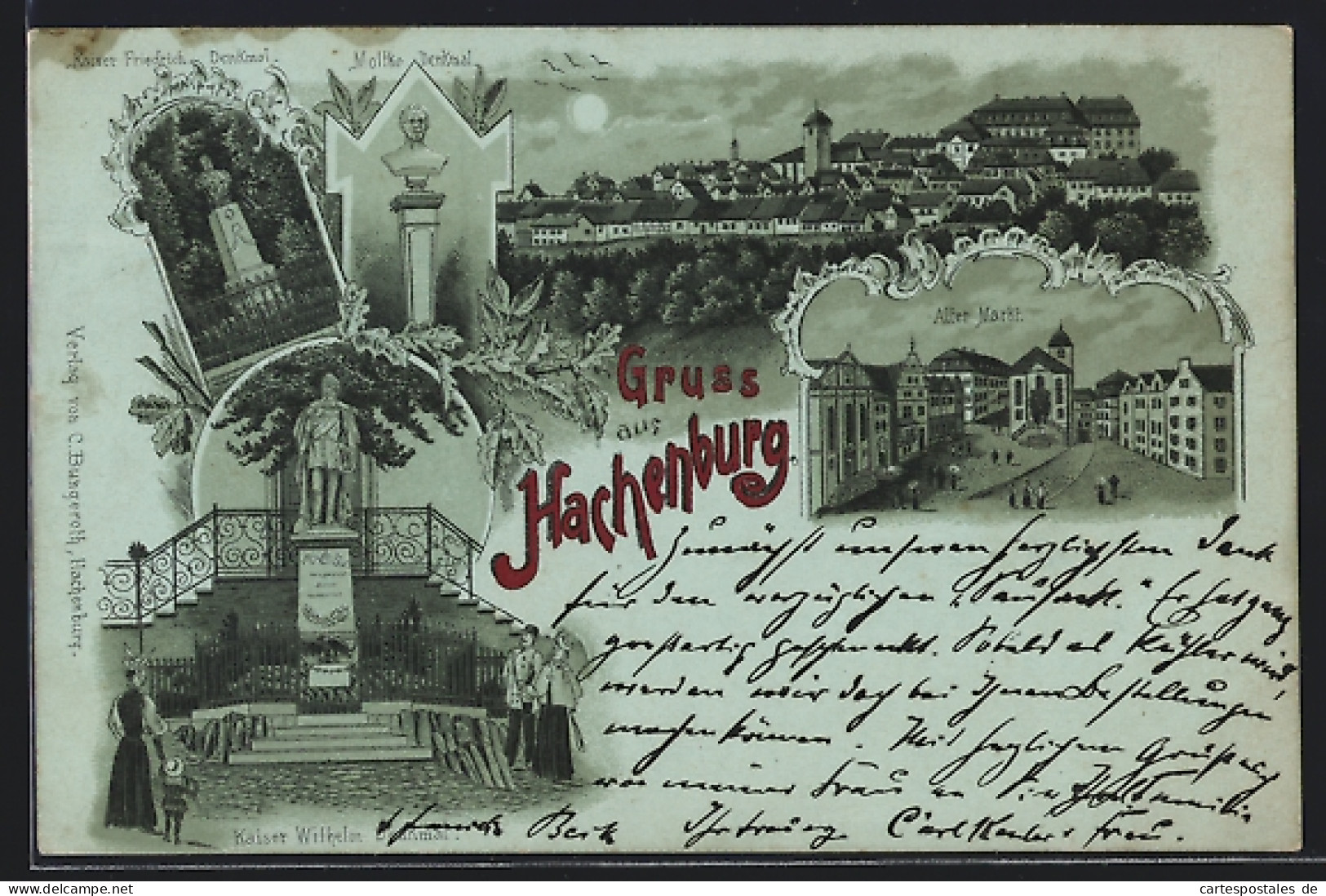 Mondschein-Lithographie Hachenburg, Alter Markt, Kaiser Wilhelm-Denkmal, Ortsansicht  - Hachenburg