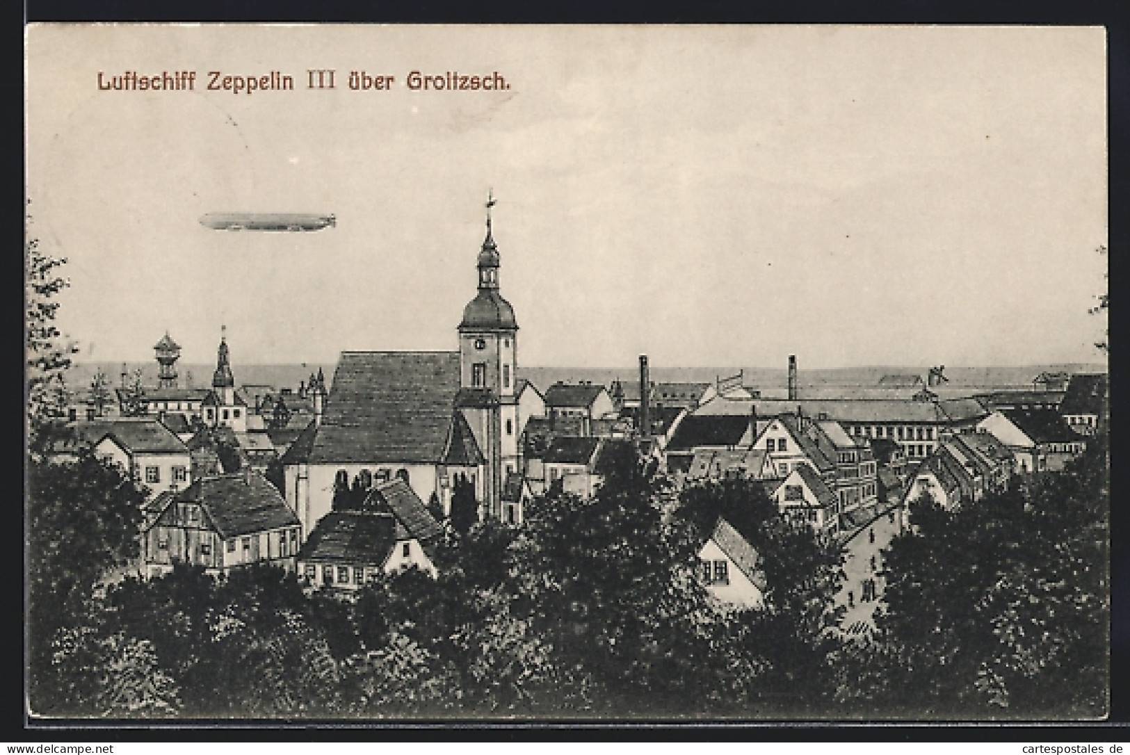 AK Groitzsch / Sa., Luftschiff Zeppelin II. über Dem Ort  - Dirigeables