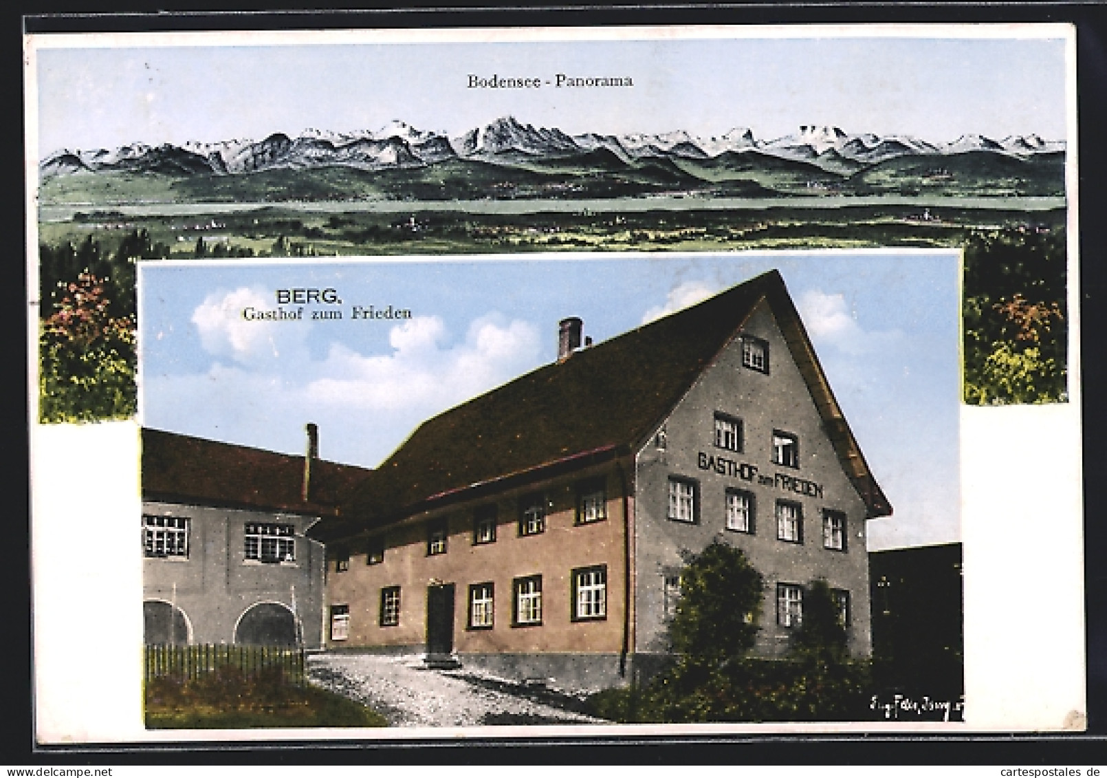 Künstler-AK Eugen Felle: Berg / Friedrichshafen, Gasthof Zum Frieden, Bodensee-Panorama  - Autres & Non Classés