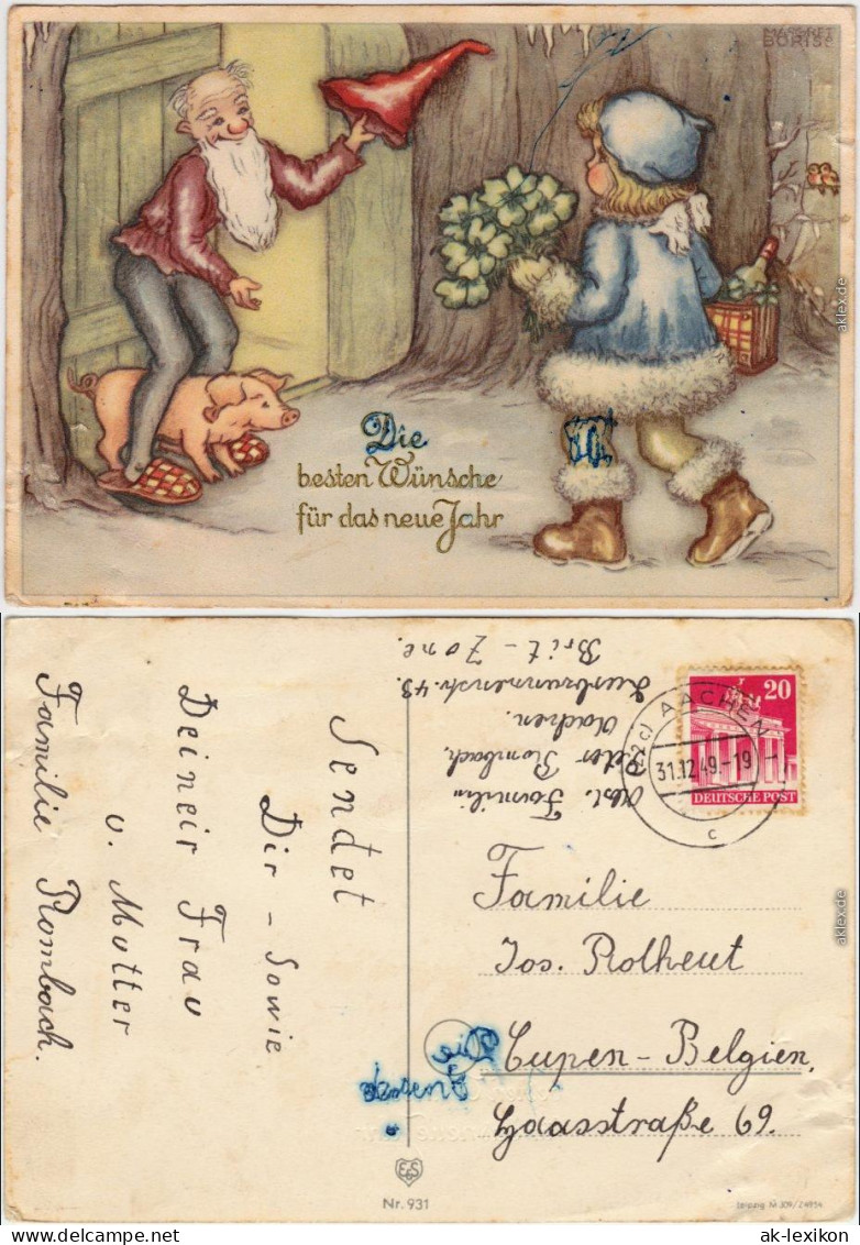 Neujahr - Mädchen, Zweg - Signierte Künstlerkarte Ansichtskarte  1949 - New Year