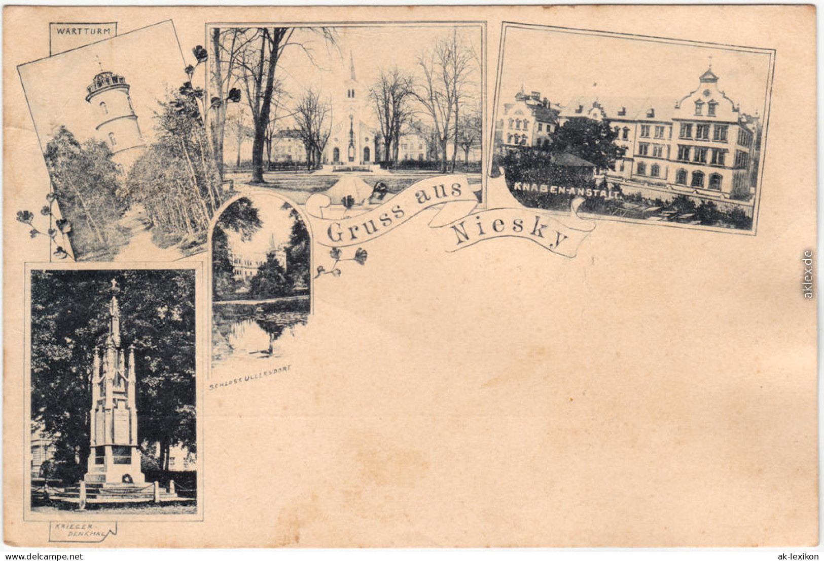 Niesky Oberlausitz 4 Bild: Kriegerdenkmal, Wartturm, Knabenheim Und Schloß 1906 - Niesky