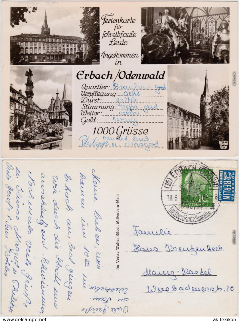 Foto Ansichtskarte Erbach (Odenwald) Ferienkarte Für Schreibfauel 1954 - Erbach