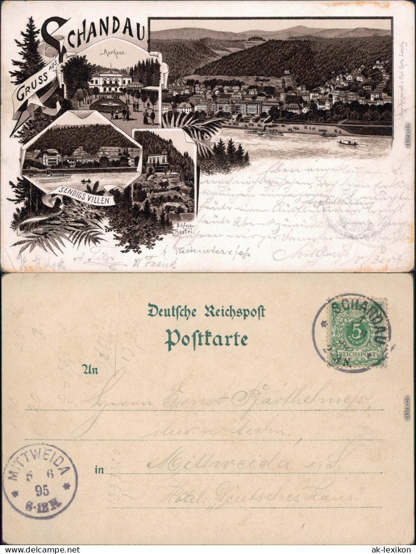 Litho Bad Schandau Panorama Schloss-Bastei,  Kurhaus, Sendigs Villen 1900 - Bad Schandau