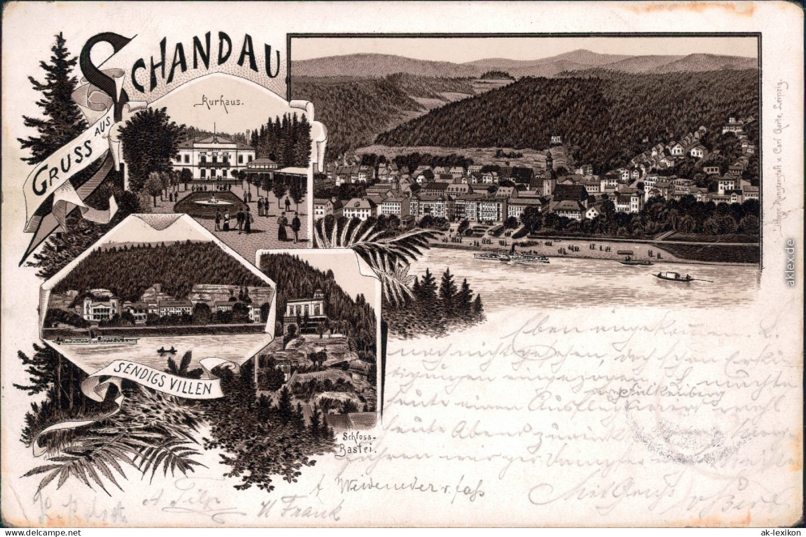 Litho Bad Schandau Panorama Schloss-Bastei,  Kurhaus, Sendigs Villen 1900 - Bad Schandau