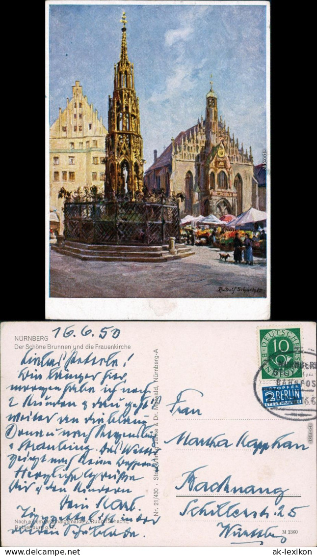 Nürnberg Frauenkirche Und Brünnen Signierte Künstlerkarte 1950  - Nuernberg