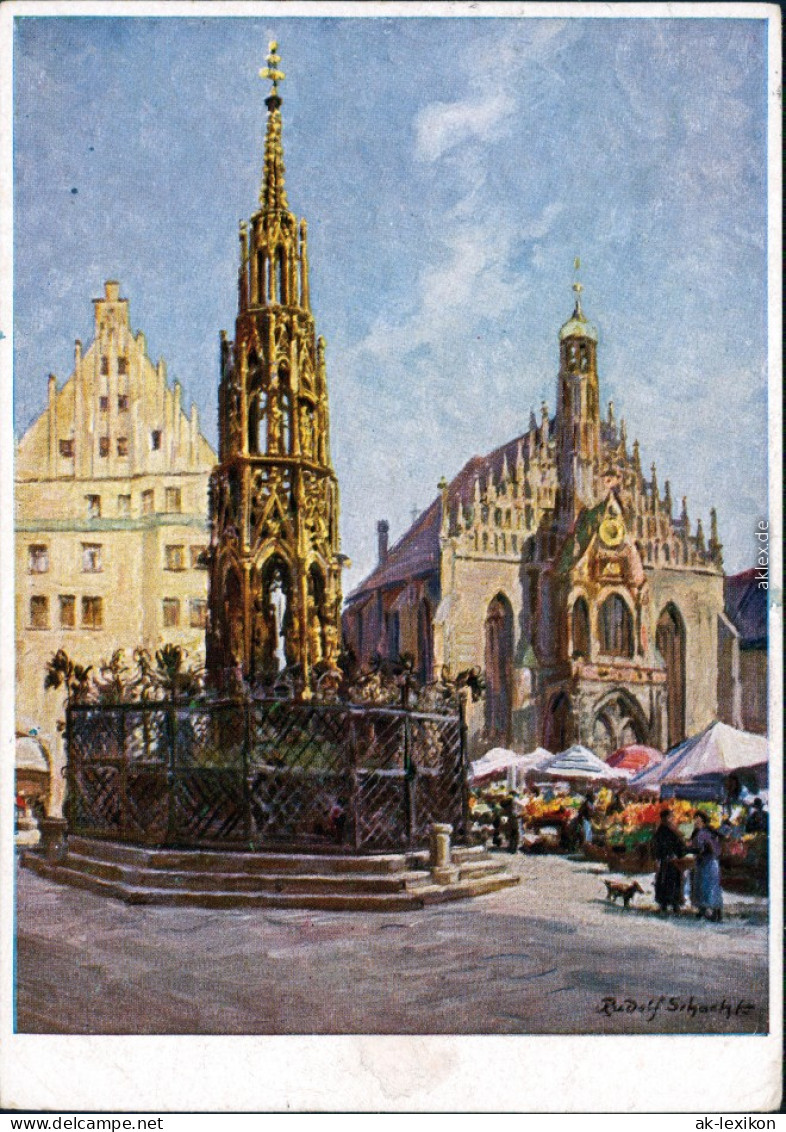 Nürnberg Frauenkirche Und Brünnen Signierte Künstlerkarte 1950  - Nuernberg