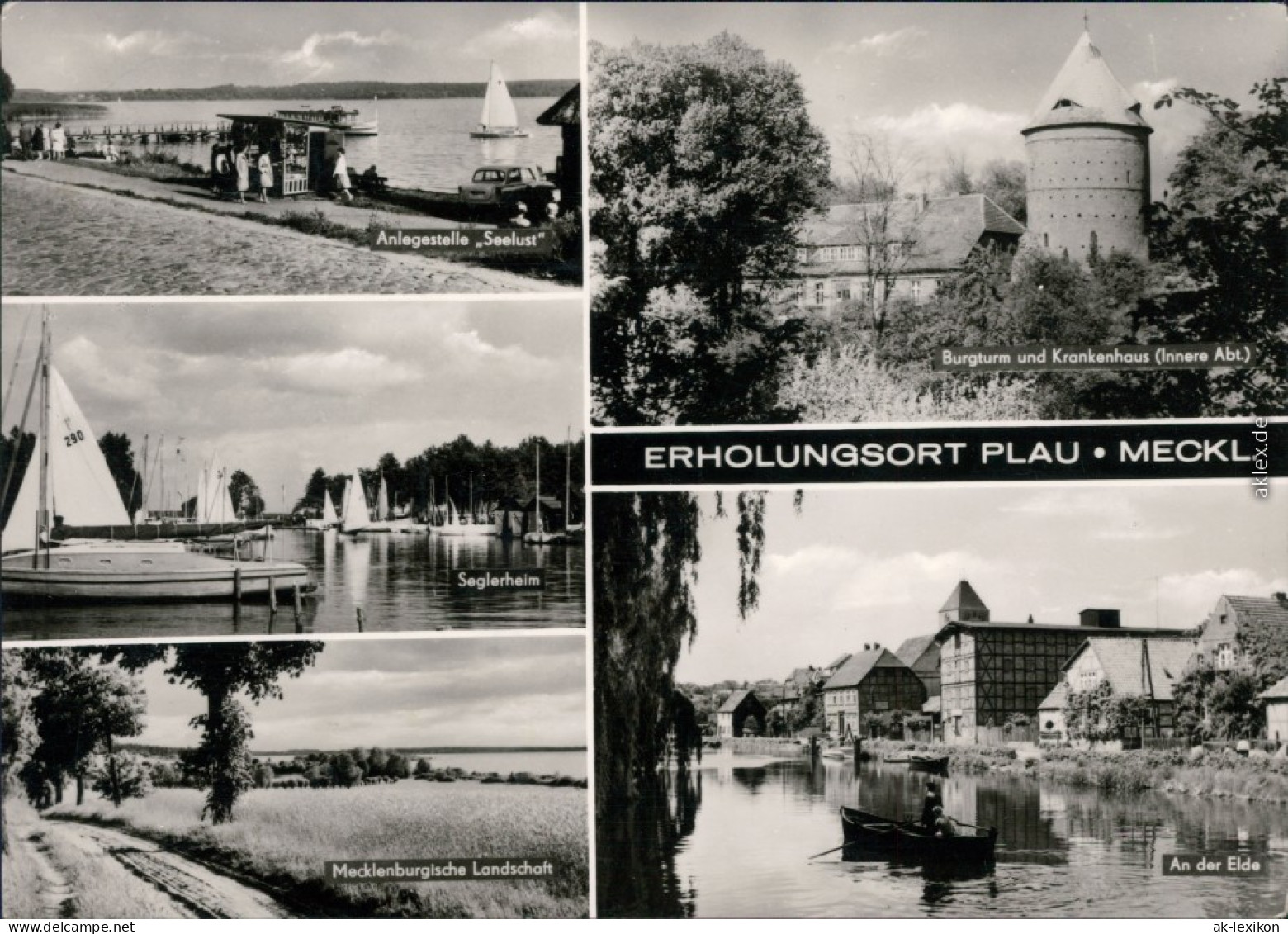 Plau (am See) Anlegestelle, Seglerheim, Landschaft, Burgturm  Krankenhaus  1972 - Plau