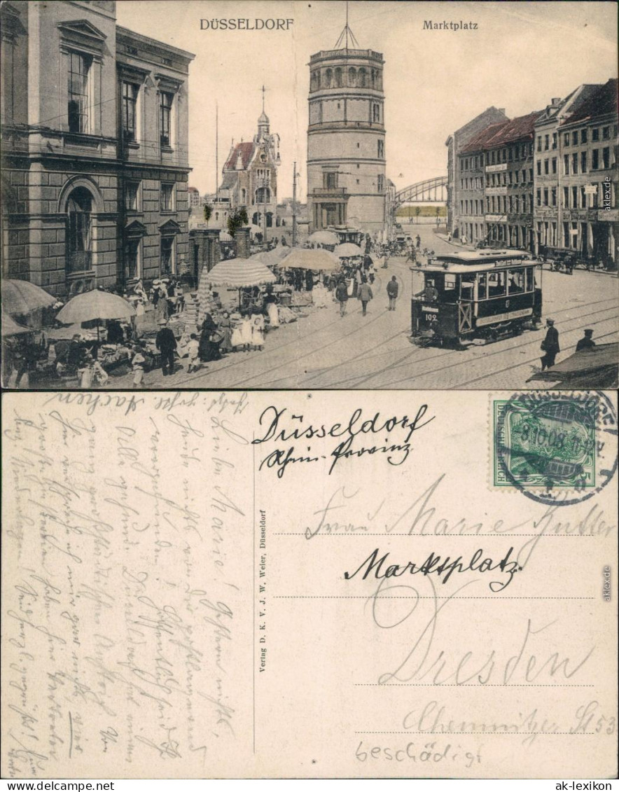 Ansichtskarte Düsseldorf Marktplatz, Markttreiben - Straßenbahn 1918  - Duesseldorf