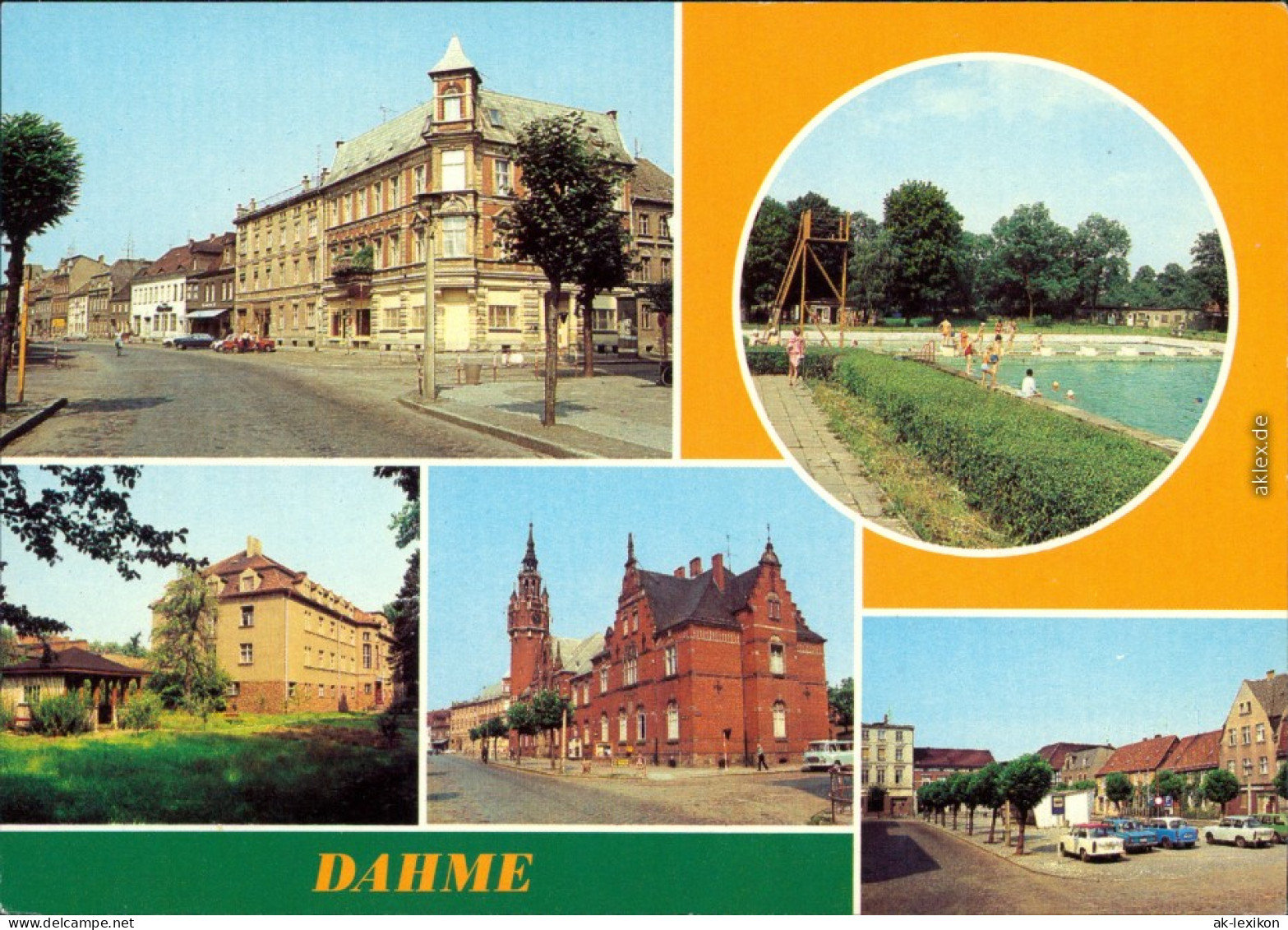 Dahme (Mark) Wilhelm-Pieck-Straße, Freibad, Krankenhaus, Postamt Rathaus,  1982 - Dahme