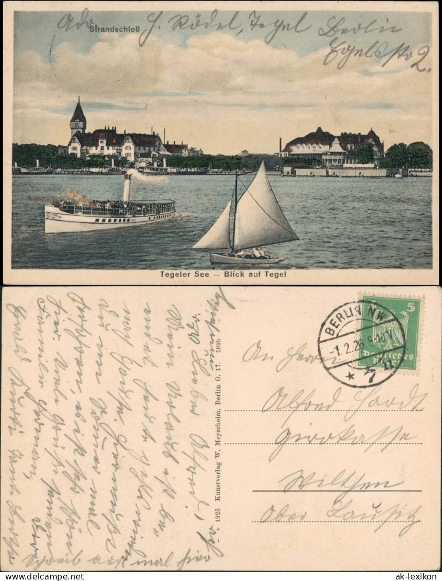 Ansichtskarte Tegel-Berlin Tegeler See Strandschloß Dampfer 1926 - Tegel