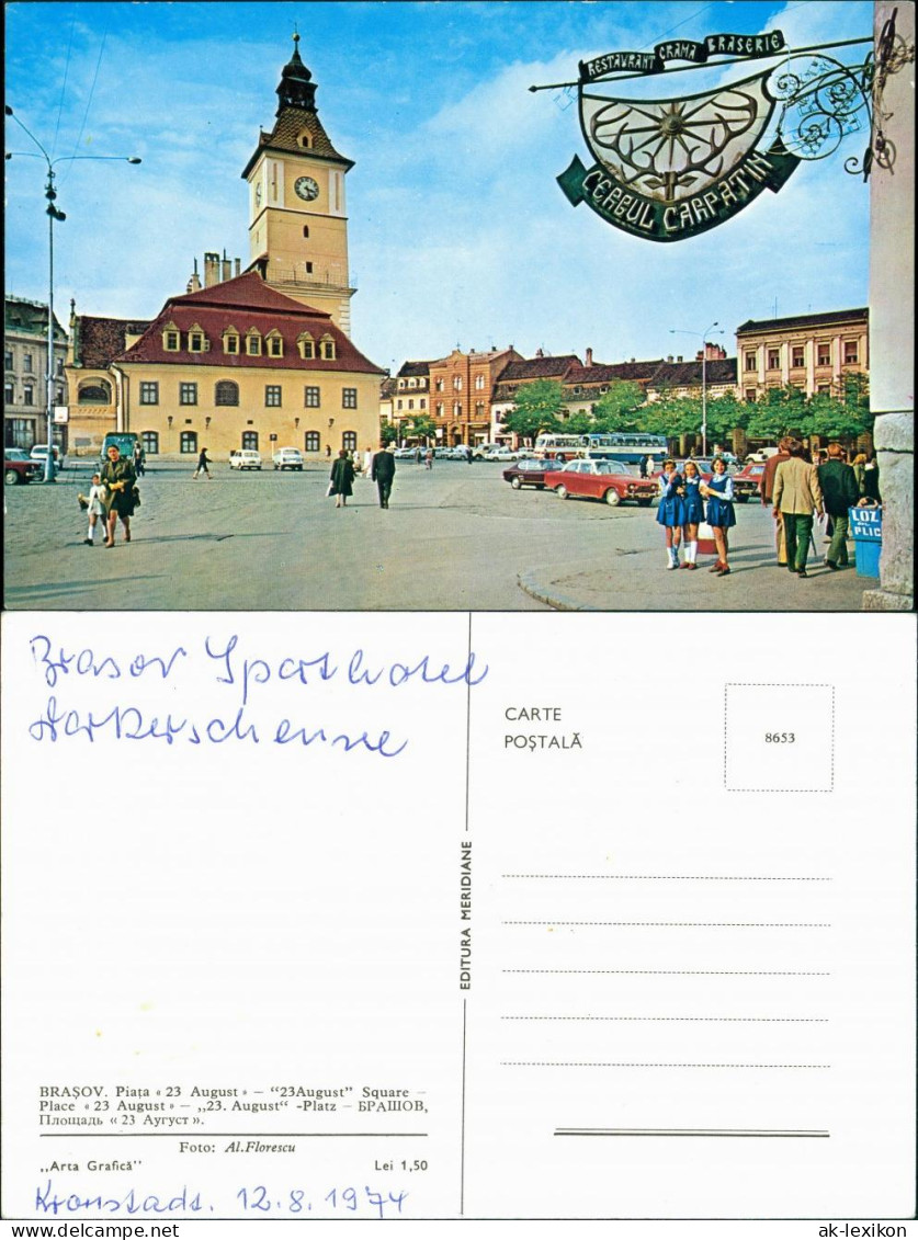 Postcard Kronstadt Braşov (Brassó) Piaţa 23 August Kinder Autos 1974 - Roemenië