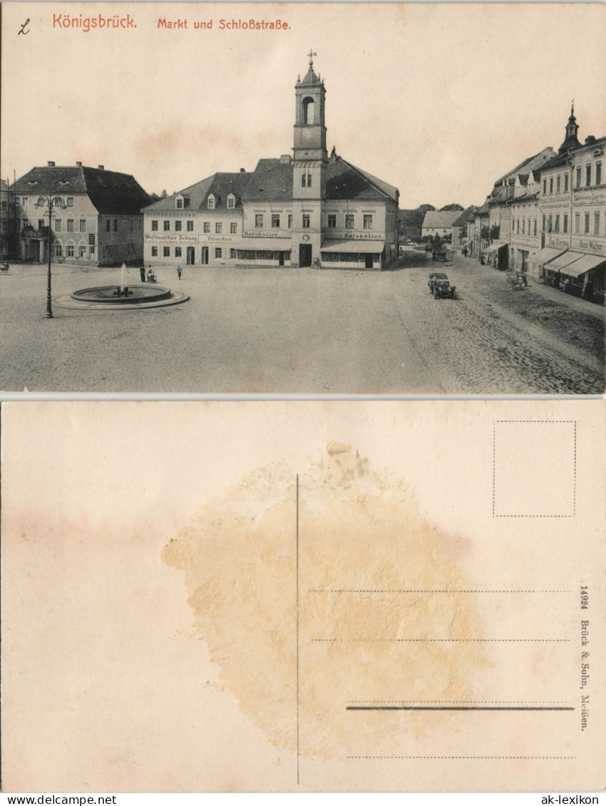 Ansichtskarte Königsbrück Kinspork Marktplatz, Geschäfte, Auto 1912 - Koenigsbrueck