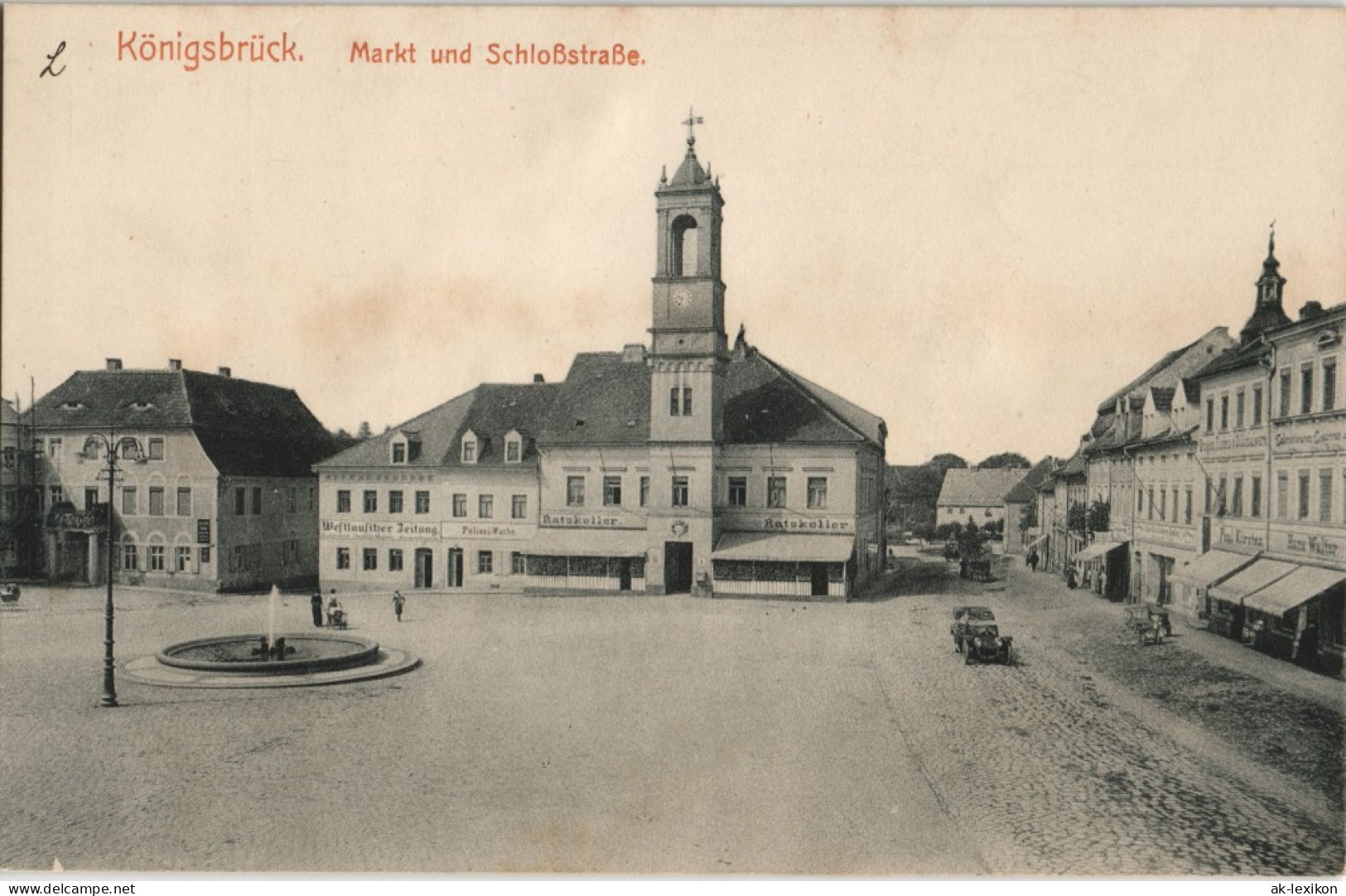 Ansichtskarte Königsbrück Kinspork Marktplatz, Geschäfte, Auto 1912 - Koenigsbrueck