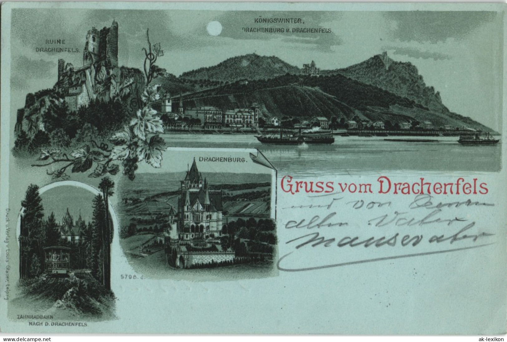 Königswinter Mondschein Litho-AK Drachenburg, Drachenfels Rhein Panorama 1898 - Koenigswinter