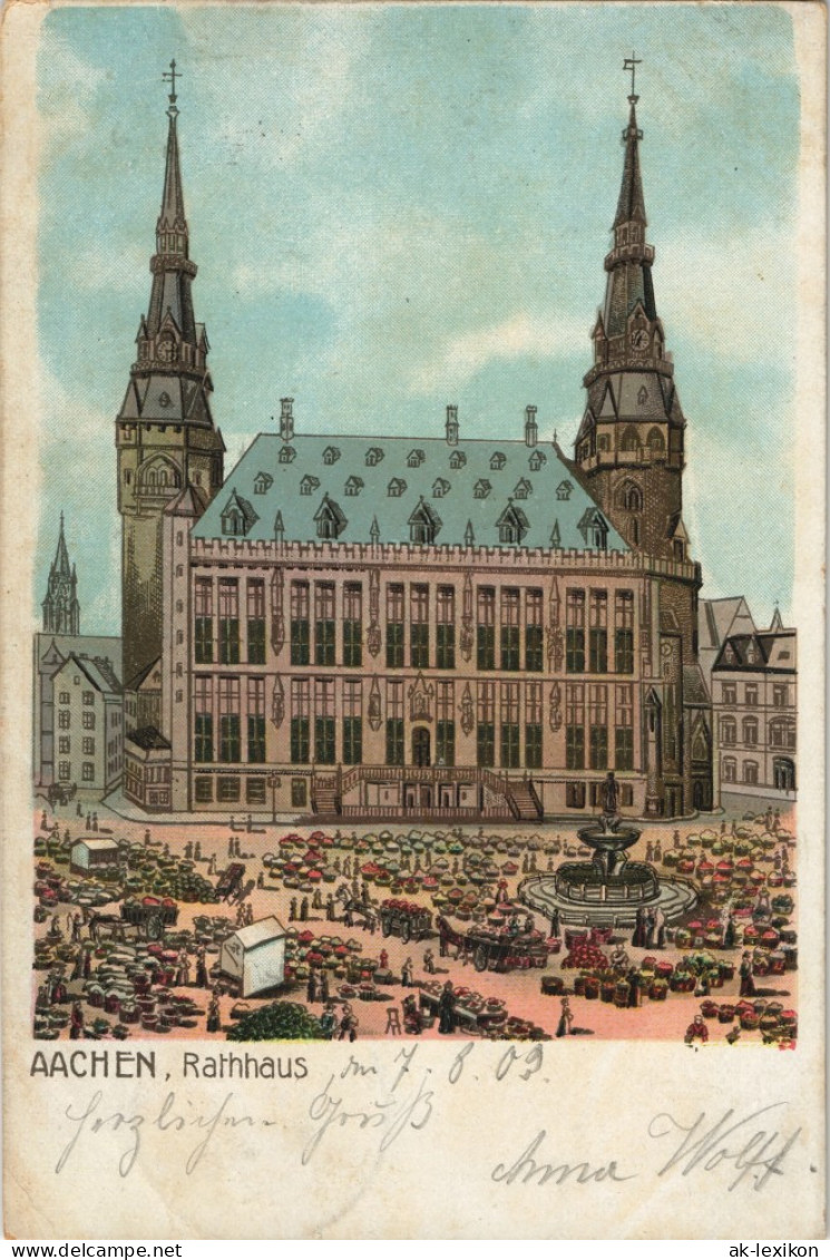 Litho AK Aachen Strassen Partie Rathaus, Markttreiben, Stände 1903 - Aachen