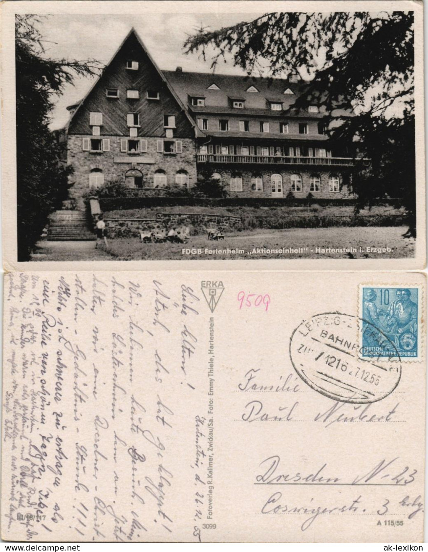 Hartenstein (Sachsen) Ferlenhelm  Hartenstein 1955    Bahnpoststempel(Zug 1216) - Hartenstein