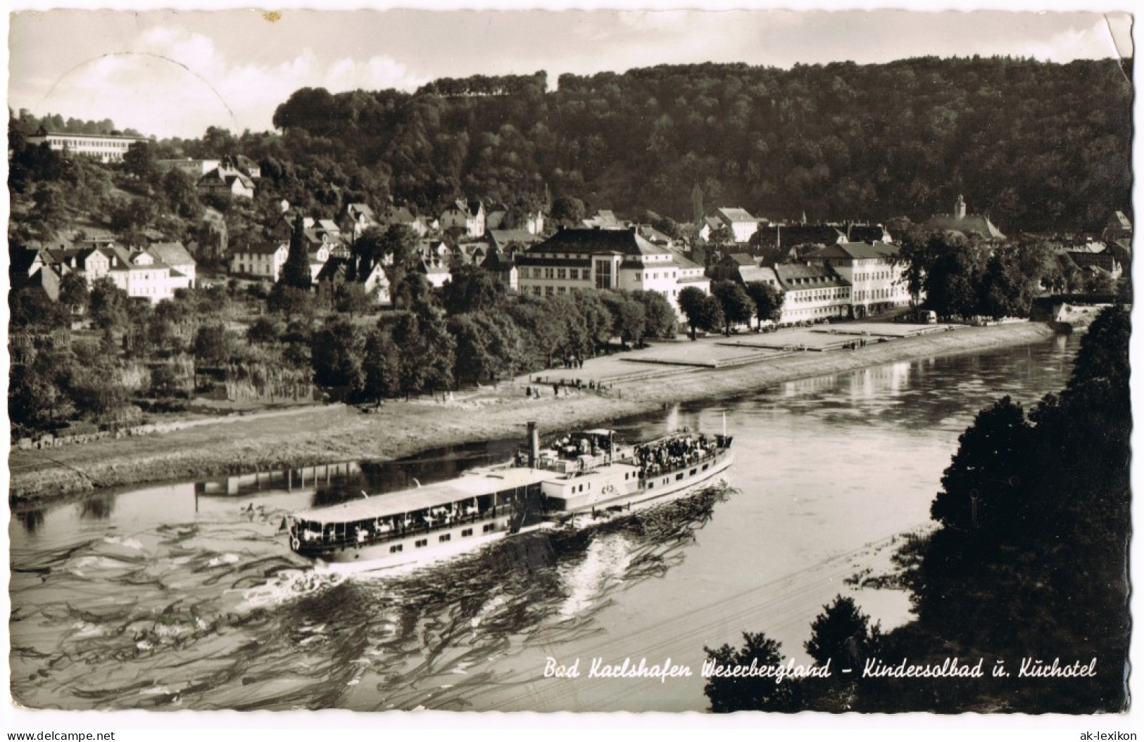 Bad Karlshafen Panorama-Ansicht Weser Fluss-Schiff Passiert Den Ort 1960 - Bad Karlshafen