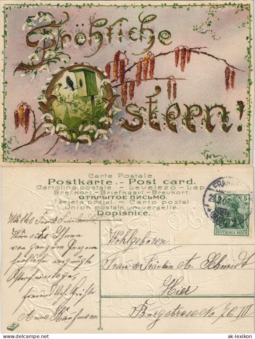 Glückwunsch Grußkarte Ostern Mit Vogel-Häuschen 1907 Goldrand/Prägekarte - Ostern