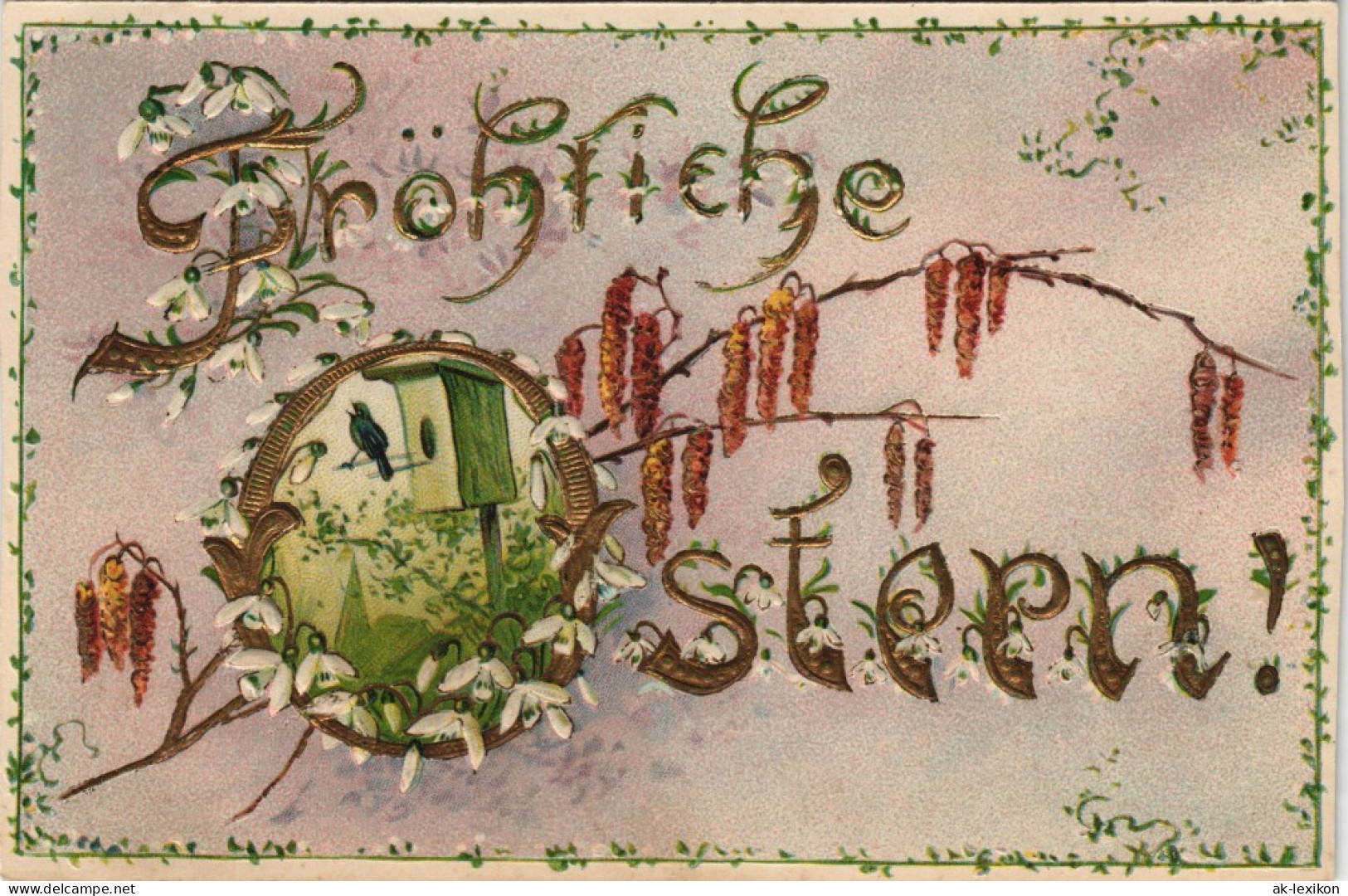 Glückwunsch Grußkarte Ostern Mit Vogel-Häuschen 1907 Goldrand/Prägekarte - Ostern