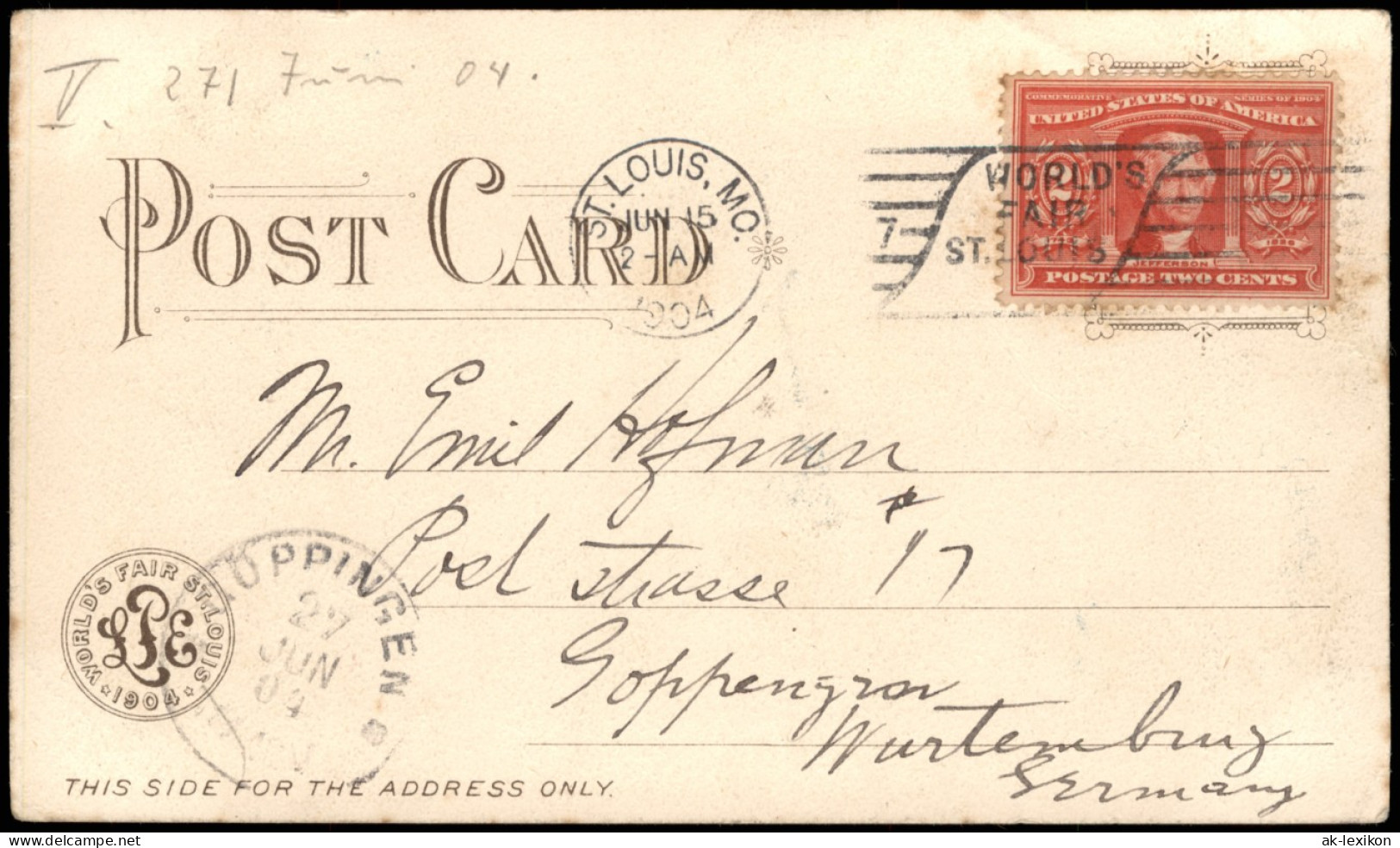 Postcard St. Louis Exposition - Künstlerkarte 1904  Ankunftsstempel Göppingen - Autres & Non Classés