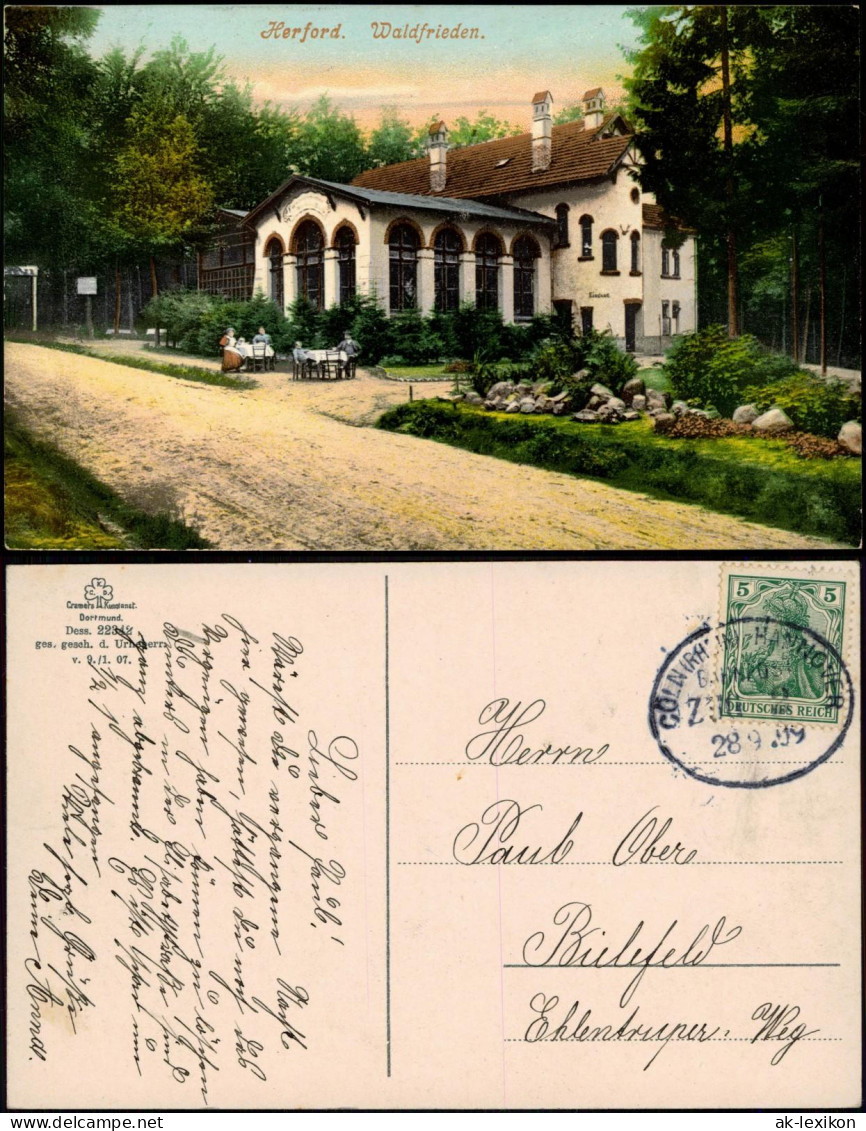 Herford Waldfrieden Restauration 1909/1907   Gelaufen (Bahnpoststempel Zug 2) - Herford