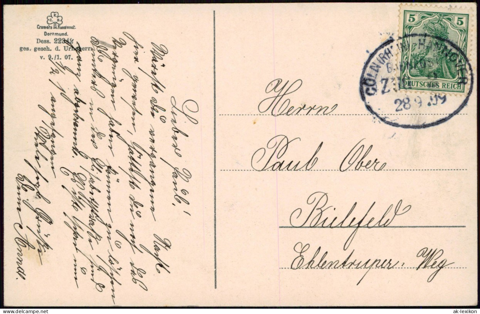 Herford Waldfrieden Restauration 1909/1907   Gelaufen (Bahnpoststempel Zug 2) - Herford