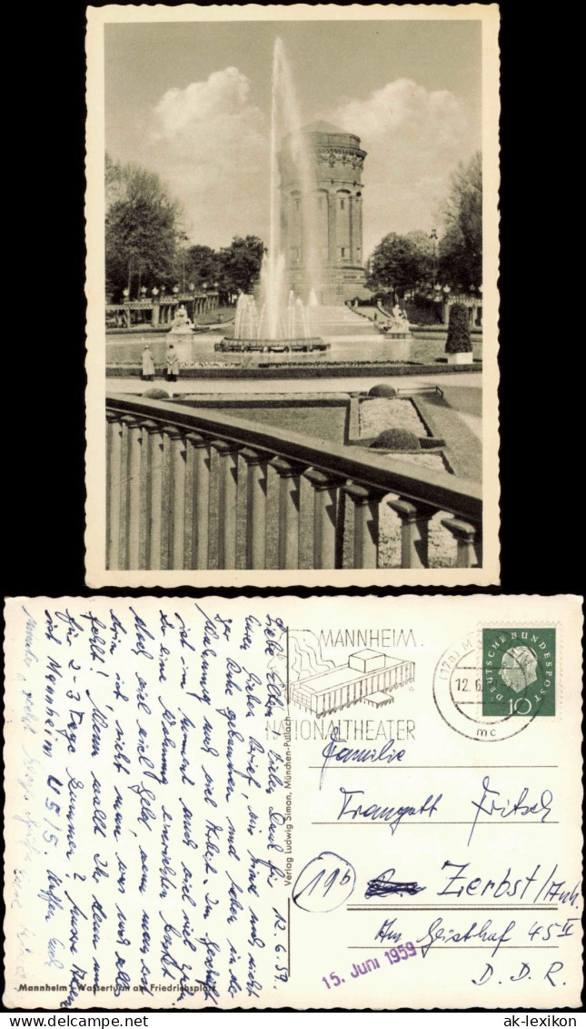 Ansichtskarte Mannheim Wasserturm Am Friedrichsplatz 1959 - Mannheim