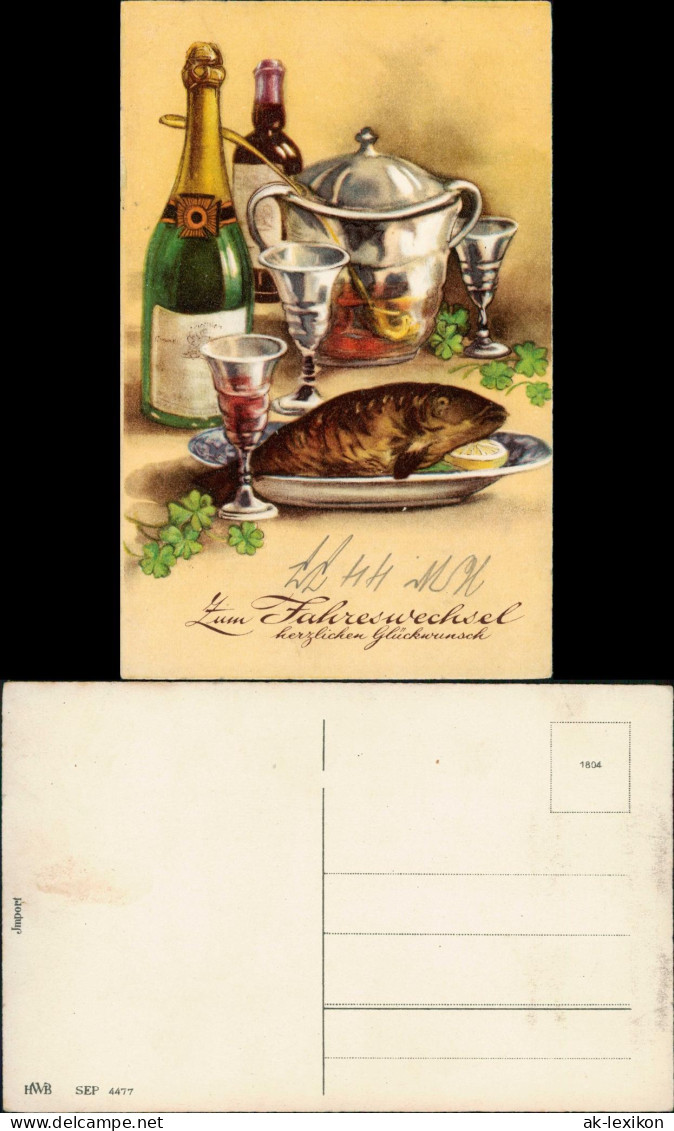 Ansichtskarte  Neujahr Sylvester New Year Stillleben Sekt Karpfen 1913 - New Year