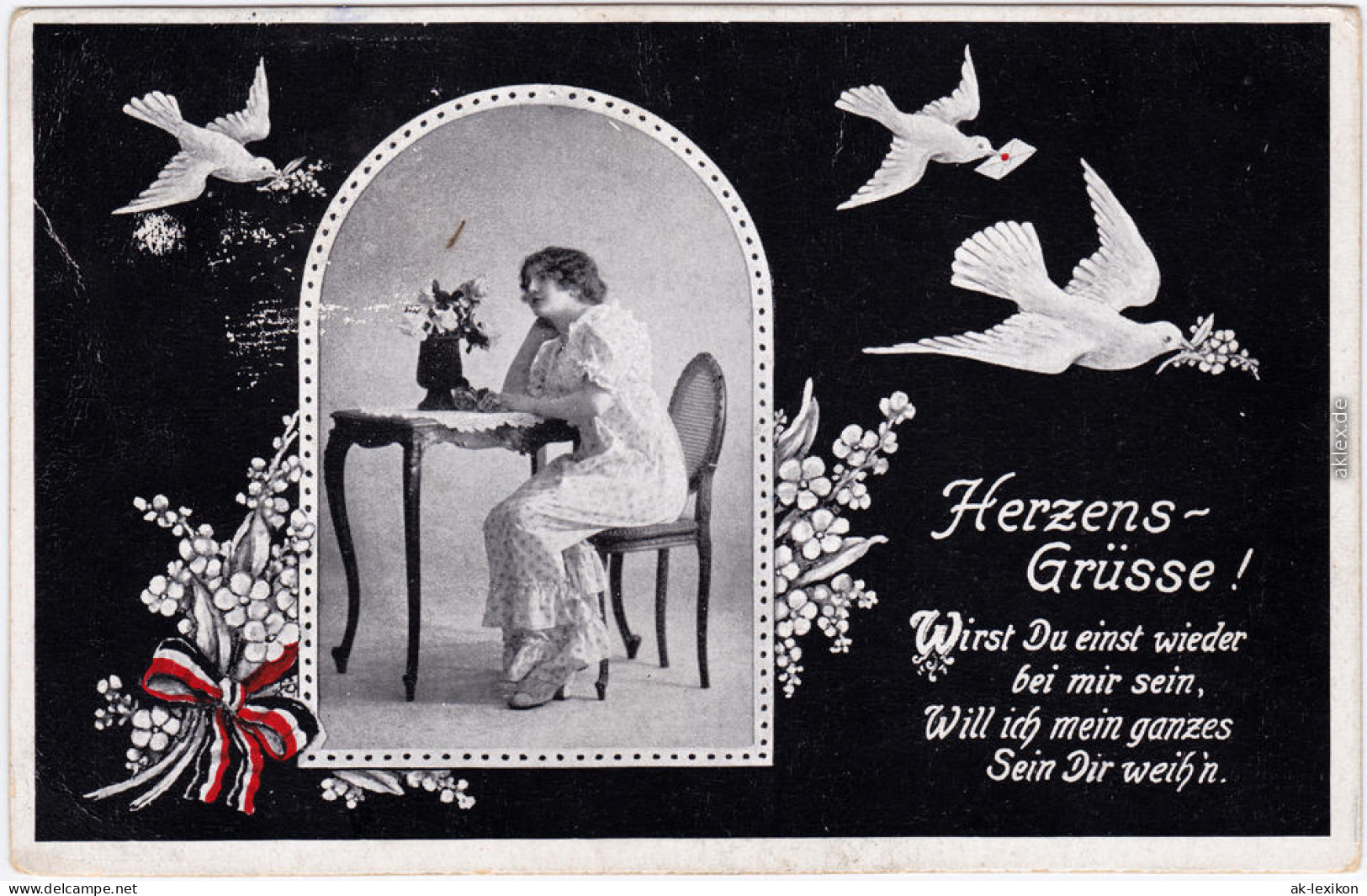 Ansichtskarte  Herzensgrüße: Tauben, Frau - Patriotika 1916  - Guerre 1914-18