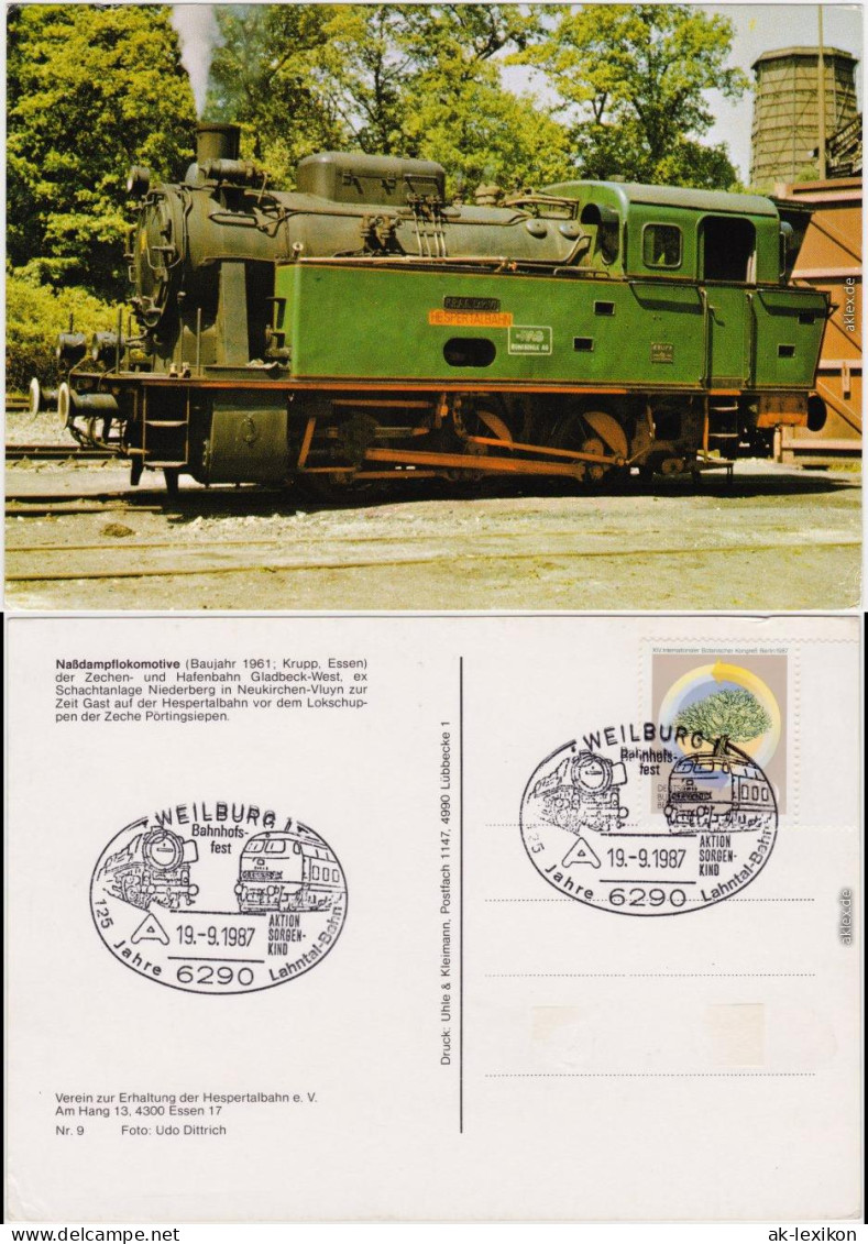 Nassdampflokomotive Ansichtskarte  Sonderstempel 1987 - Treinen
