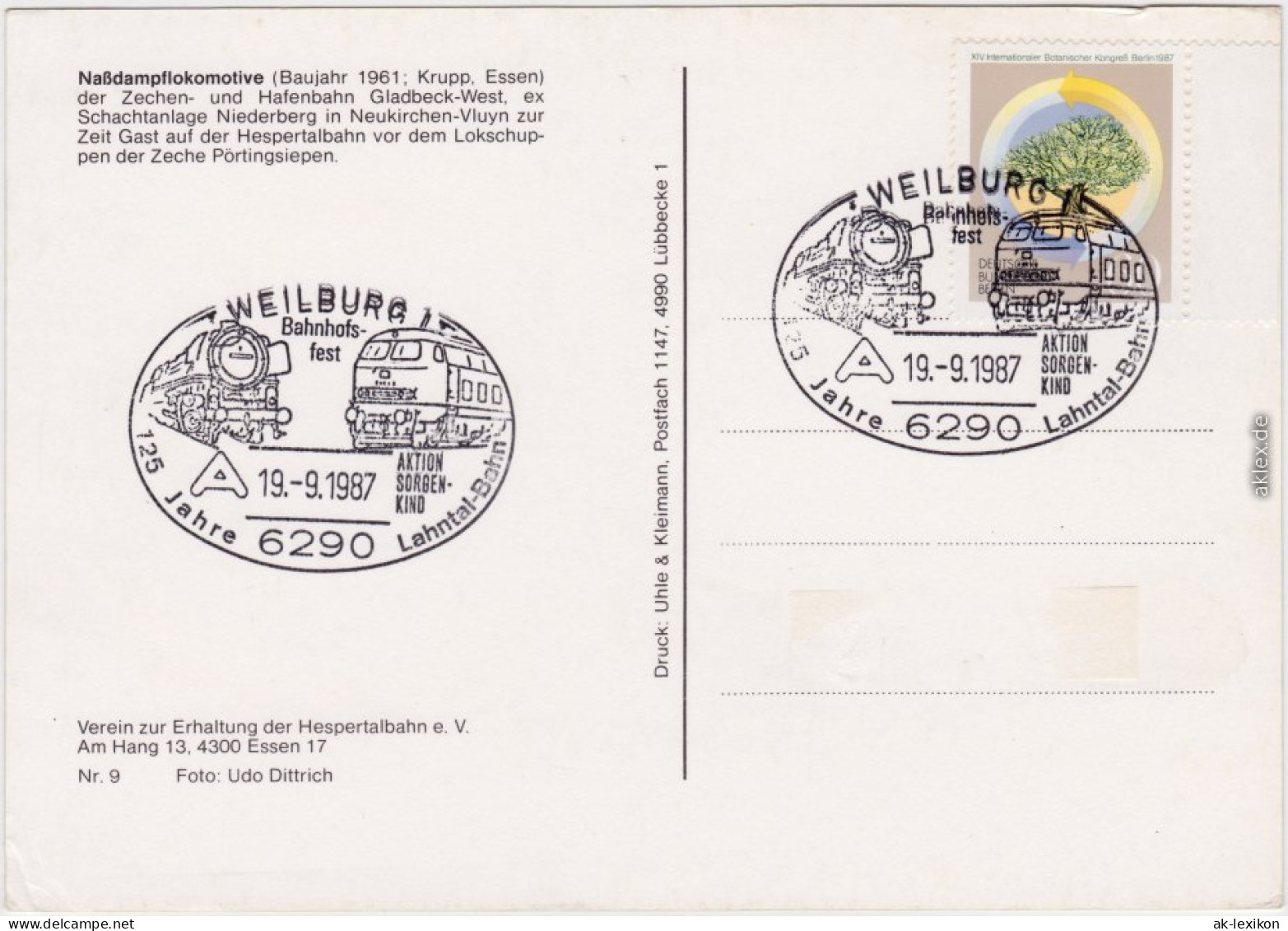 Nassdampflokomotive Ansichtskarte  Sonderstempel 1987 - Treinen