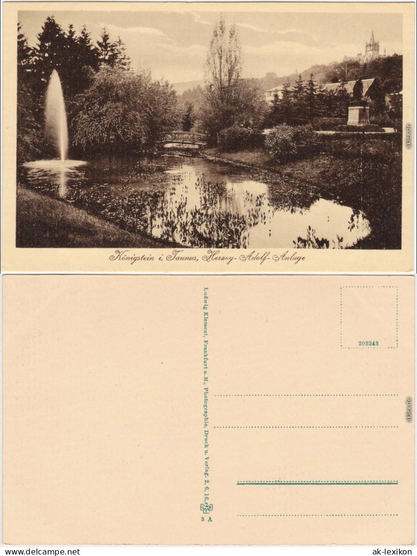 Königstein (Taunus) Herzog-Adolf-Anlage - Teich Mit Fontäne Und Brücke   1922 - Koenigstein